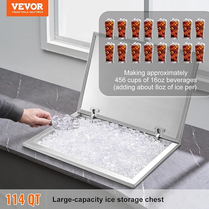 VEVOR Drop in Ice Chest, 28" L x 20" W x 17" H Stainless Steel Ice Cooler, Commercial Ice Bin with Hinged Cover, 114 qt Outdoor Kitchen Ice Bar, Drain-Pipe and Drain Plug Included, for Cold Wine Beer
