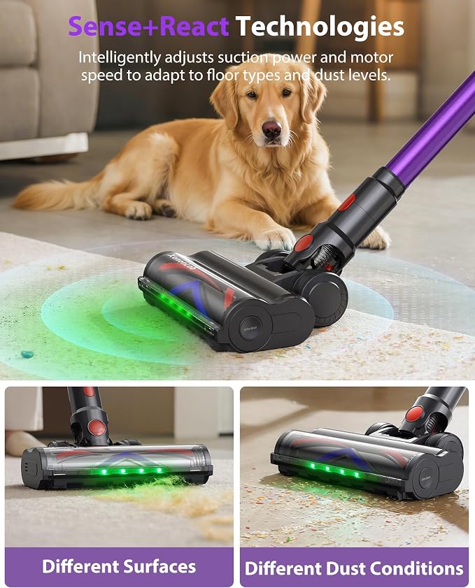 Cordless Vacuum Cleaner, 75Mins/55KPa/650W Freestanding Stick Vacuum Cleaners for Home, Rechargeable, Lightweight, Cone Filtration&Anti-Tangle,Hardwoods, Pet Hair