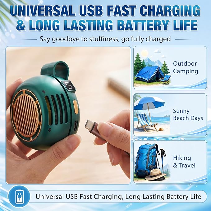2 Pack Portable Silent Mini Bladeless Fan Clip On 5 Adjustable Speeds Digital Display 360 Rotatable USB Rechargeable Electric Small Fan for Shirt Waist Outdoor Travel(Green)