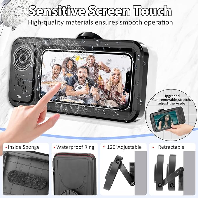Shower Phone Holder with Wireless Bluetooth Speaker,2026 New Waterproof 480 Rotation Viewable Shower Phone Case Speaker for Any Phone, Wall Mounted Phoneholder for Bathroom Mirror,Gifts for Mom Dad