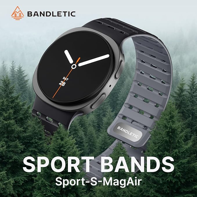 Bandletic Magnetic Silicone Band Compatible with Samsung Galaxy Watch 8 40mm 44mm / Watch 8 Classic 46mm 2025, No Gap Soft Breathable Replacement Strap for Men Women, Black/Gray