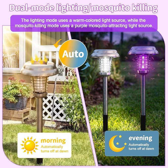 4 Pcs Solar Bug Zapper Outdoor Waterproof Mosquito Repellent Light Solar Power Fly Killer Lamps for Moths, Gnats, Fly, Small Flying Insect Backyard Garden Lawn (Stainless Steel,Purple & White Light)