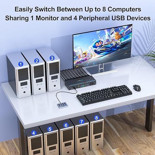 8 Port Displayport KVM Switch 4K@60Hz EDID Simulation, USB3.0 KVM Switch Displayport for 8 Computers Share 1 Monitor and 4 USB Devices,KVM Switches with Audio RS232 Wied Remote 12V Power and USB Cable