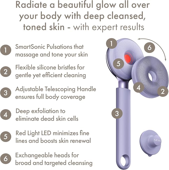 GESKE LED Sonic Full-Body Brush | 9 in 1 | Body Cleansing Brush & Intensive Exfoliator with LED | with SmartSonic Pulsations | Expert Deep Cleansing & Massage | Rough Skin Remover | Adjustable Handle