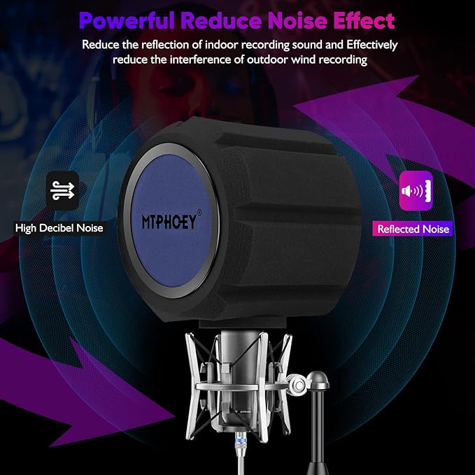 Microphone Windscreen Pop Filter with Gift Mic Stand&Phone Holder,Recording Shield，Mic Isolation Ball Sound-Absorbing Foam Windscreen for Large Mic, Studio Equipment Indoor & Outdoor Recording