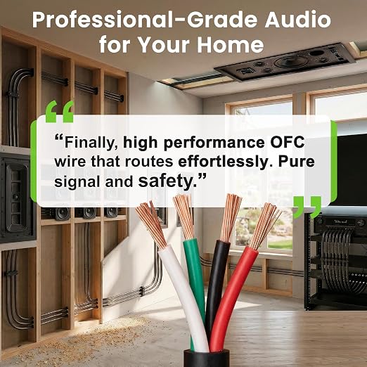 GEARit OFC Speaker Wire 14 Gauge 100 ft,UL CL3 Rated 14 Gauge Wire,Copper Wire with Polarity Mark,Speaker Cable for in-Wall,Home,Car,Outdoor,Garden,Commercial Audio Systems,OFC(Black,4-Conductors)