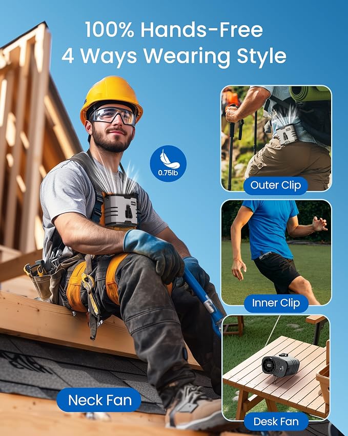 Portable Waist Fan 10000mAh Rechargeable, Clip on Belt Fan With 10 Speeds 16000PRM Strong Airflow, Hands-Free Hanging Neck Fan, Long-Lasting Cooling for Camping, Hiking,Outdoor,Jobsite,Grey