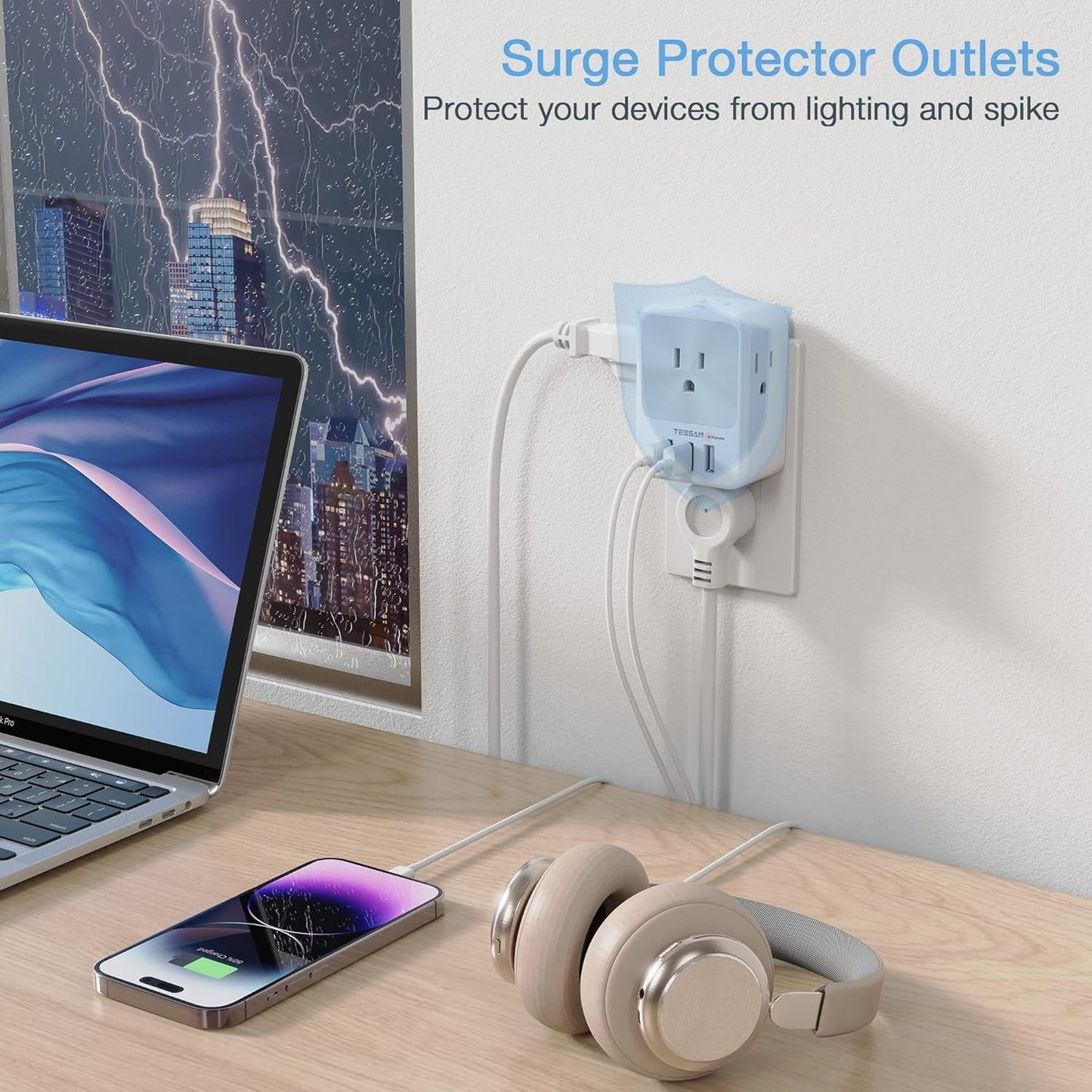 Multi Plug Outlet Splitter with USB, TESSAN 4 Electrical Outlet Extender Surge Protector with 3 USB Wall Charger Blocks, Multiple Plug Expander Box for Home Office Dorm Room Essentials