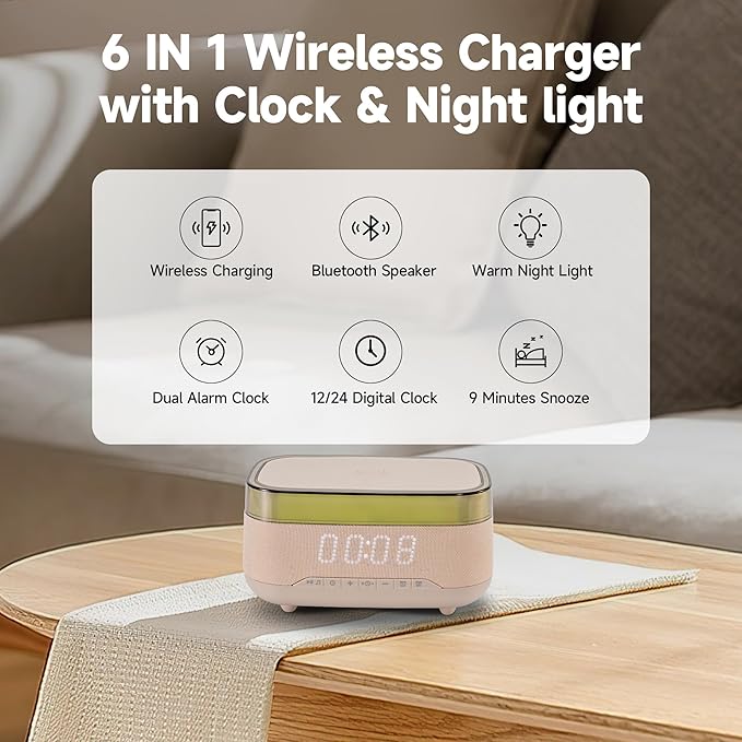 Bluetooth Speaker Alarm Clock with Night Light,6 in 1 Wireless Charging Station for iPhone 17/16/Samsung Series,Clock for Bedroom Adjustable 3 Levels Digital Brightness Touch Snooze Sleep Timer 12/24H