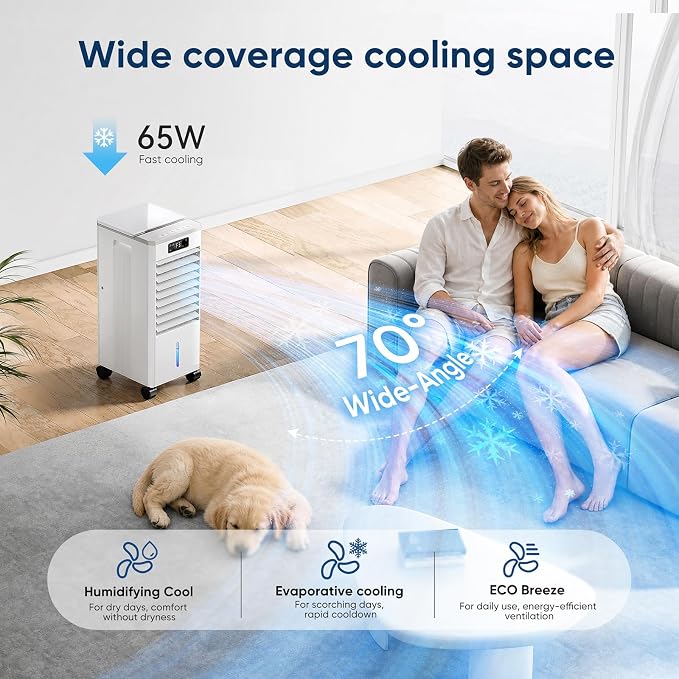 Evaporative Air Cooler, Portable Personal Air Cooler with Detachable Water Tank & Ice Box, 36-40dB Quiet Air Conditioners Cooling Fan with Child Lock, Evaporative Cooler for Bedroom Office Dorm Home