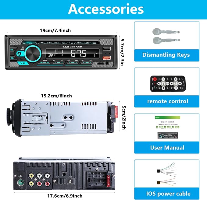 Single DIN CD/DVD Car Stereo with Bluetooth Hands-Free Calling, Push-to-Talk Assistant, FM Car Radio, USB AUX SD Playback, App Control, 7-Color Backlit Display, iOS & Android Compatible