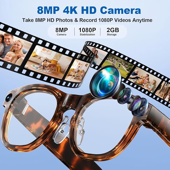 AI Smart Glasses with 8MP Camera, 1080P Video Recording, Real-Time Translation, AI Assistant & Object Recognition, Photochromic Lenses, Bluetooth 5.4 Calls & Music, IP65 Waterproof, 7-8Hr Battery