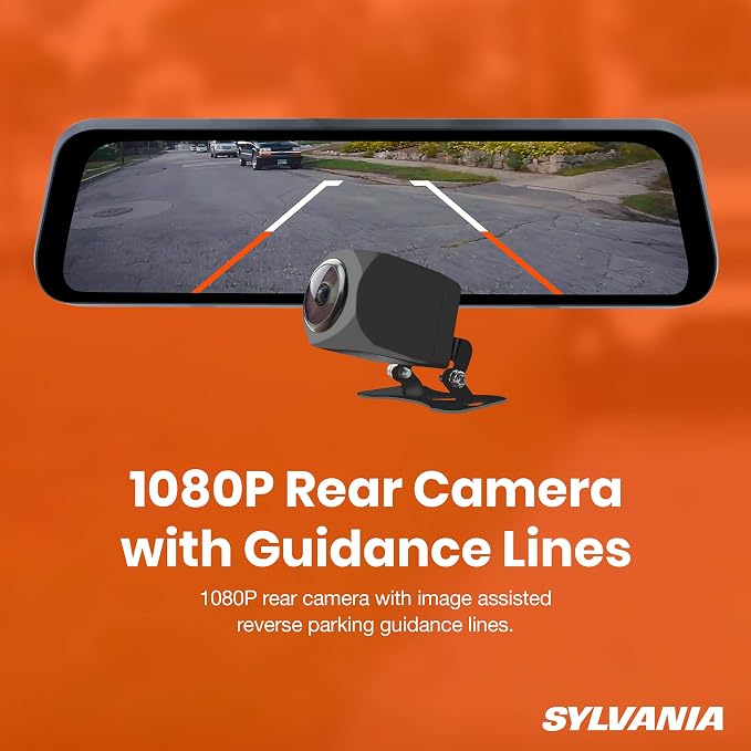 SYLVANIA - Roadsight Mirror Dash Camera and Backup Camera - 340 Degree View - HD 1080p, Elastic Mount, 32GB Memory Card, G-Sensor, 9.66" LED IPS Touch Screen, Truck, Car, Taxi