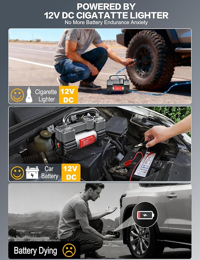 GSPSCN 12V Heavy Duty Tire Inflator Metal Portable Air Compressor Pump | 6X Faster Inflation Double Cylinders 150PSI Air Pump with Adapter for Car, RV,Pickup Truck, SUV, Van,Camper, Air Bed,Ball