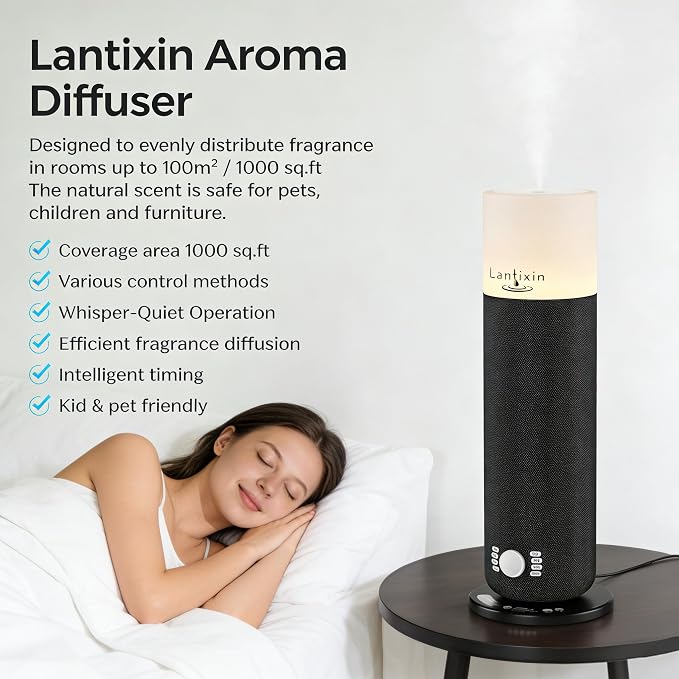 Lantixin Waterless Essential Oil Diffuser,Smart Scent Diffuser with Nightlight,Cold Air Scent Diffuser Oil Machine for Home Large Room,120ml Aromatherapy Diffuser Plug-in for 1000 Sq Ft