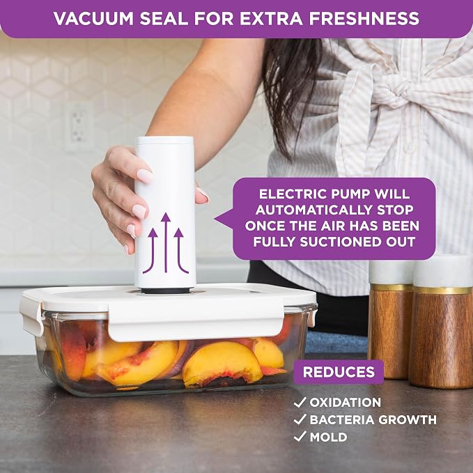 HOLDN’ STORAGE Vacuum Food Storage Containers, Set of 4 Compartment Containers & Electronic Pump - Keep Food Fresh Longer, BPA-Free Glass, Leak-Proof, Ideal for Meal Prep, Marinating