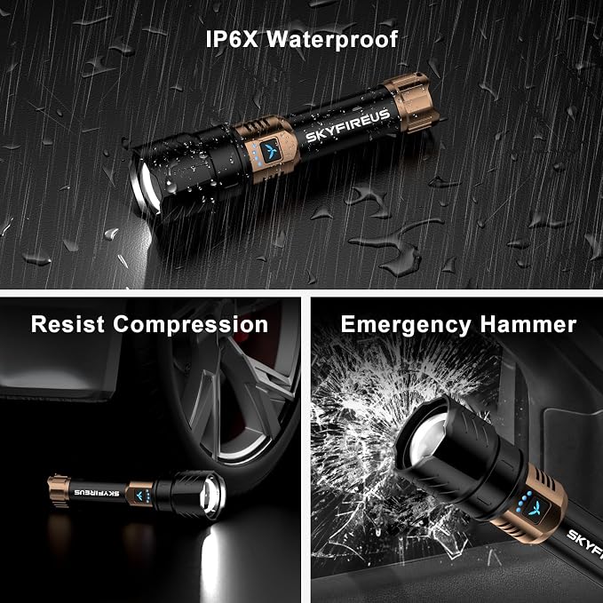 SKYFIRE Rechargeable Flashlight High Lumens,8000mAh Super Bright Flashlight,Zoomable,4 Modes,Waterproof LED Flash Light for Camping Essentials,Outdoor and Home Emergencies-No Lens