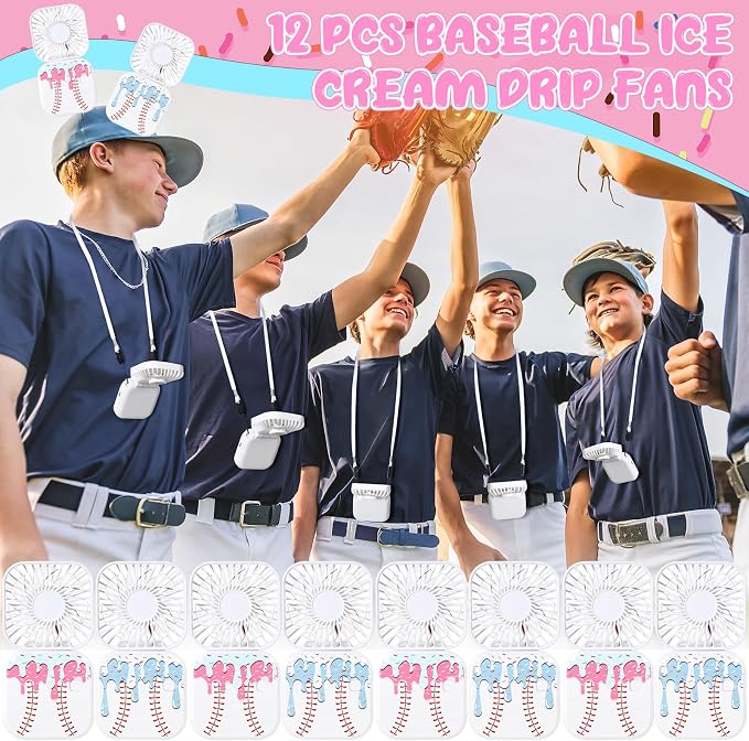 Retisee 12 Pcs Ice Cream Drip Baseball Mini Portable Handheld Fans 3 Speed USB Rechargeable Necklace Fans Bulk 180° Foldable Electric Personal for Sport Party Favors Team Game Gift(White)