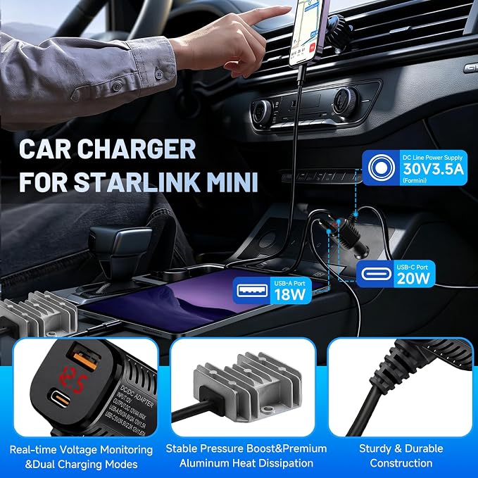 Starlink Mini Car Adapter,6.56FT Starlink Mini Car Charger 12/24V Step Up to 30V 3.5A DC Power Cable Starlink Mini Accessories with Digital Display Cigarette Lighter Adapte for Trucks RV Ships