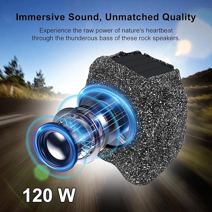 Herdio 8" Rock Bluetooth Speakers Outdoor Waterproof IPX7 Wireless Solar Max 240 Watt, TWS Connection Powered with Rechargeable Battery for Garden Patio Deck Pool Backyard（Black，1Pair）