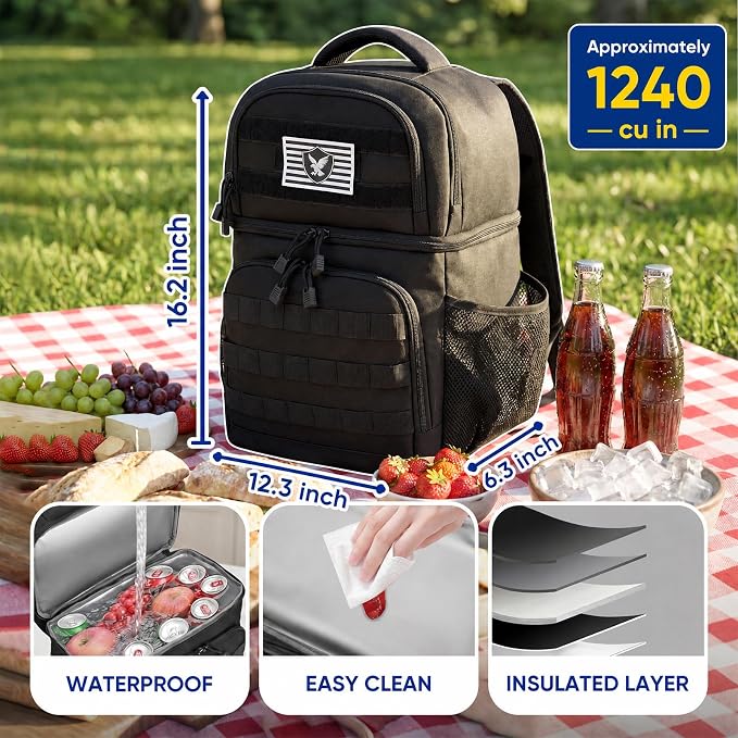 Backpack Cooler Insulated Lunch Bag, Double-Deck Leakproof Compartments Coolers Bag, 16-Can Capacity, RFID Pocket, Molle-Style Organizer, Lightweight for Work, Office, Travel, Hiking (Black)