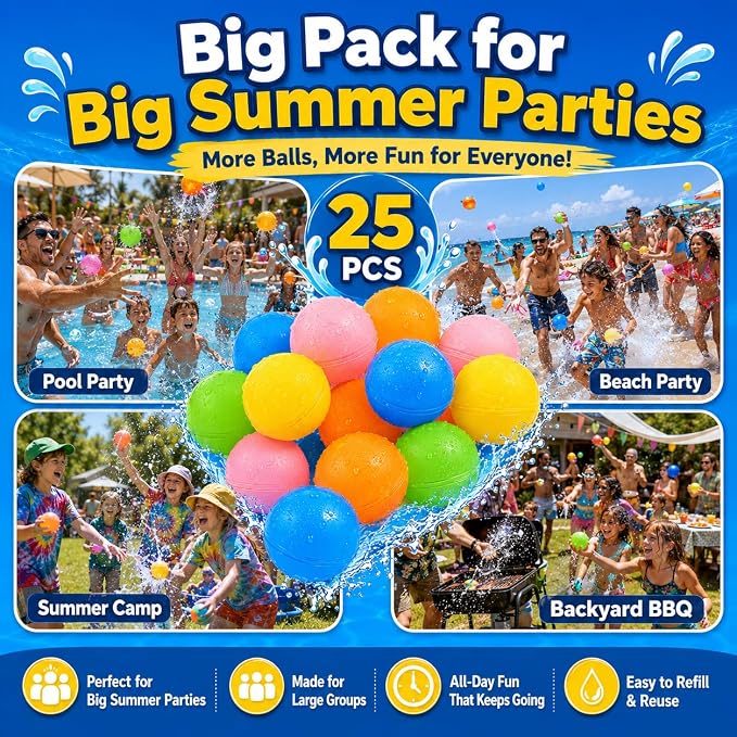 SOPPYCID Reusable Water Bomb balloons, Magnetic Refillable Water balls - Pool Toys for Boys and Girls, Beach Outdoor Activities Water Games Toy for kids Self Sealing Water Splash Ball (25Pack)