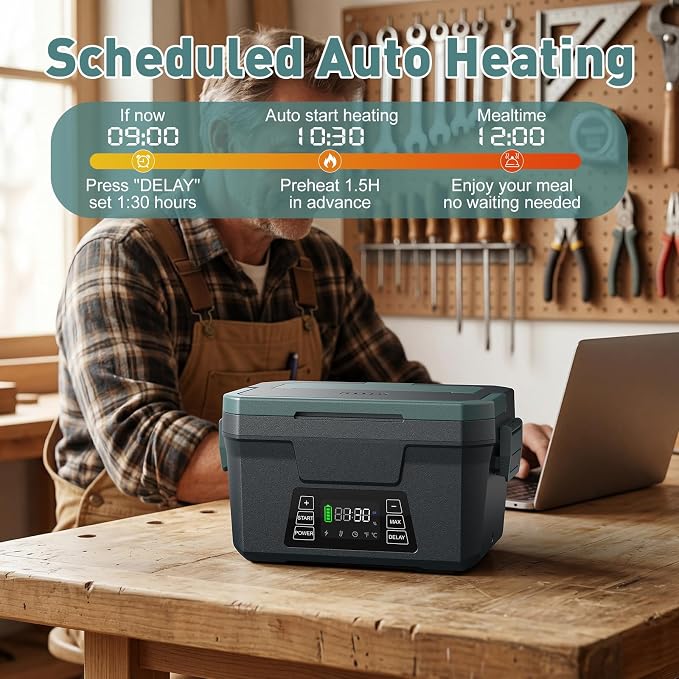Cordless Electric Lunch Box for Adults, APP Control Heated Lunch Box for Men, 18000mAh Battery Powered Portable Food Warmer w/ Timer, Auto Heating 5-side Rechargeable 248°F for Work/Outdoor/Gifts