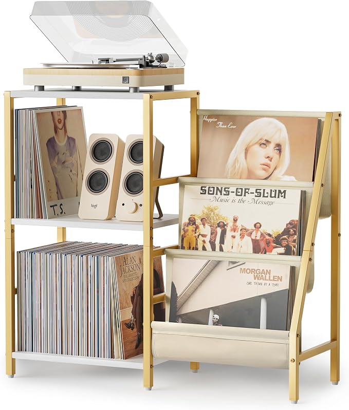 Record Player Stand, Turntable Stand with 3-Tier Vinyl Record Storage, Record Player Table 200 Albums, End Table with Vinyl Display Holder Shelf, Record Player Cabinet Media Console for Stereo,Gold