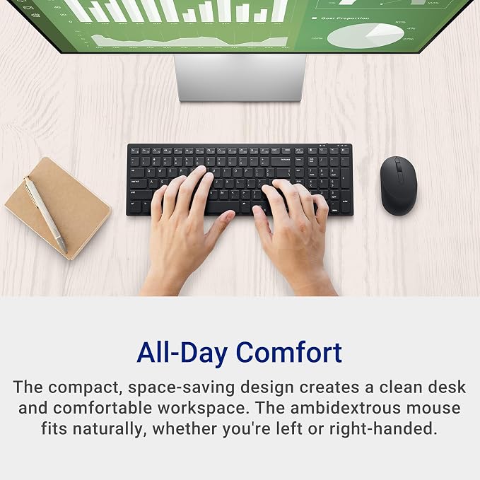 Dell KM555 Silent Keyboard and Mouse - 18 Programmable Shortcut Keys, Copilot Key, Secure Dual-Mode connectivity, Adjustable DPI, Ambidextrous, Low Battery LED Indicator, 3-Year Warranty - Black