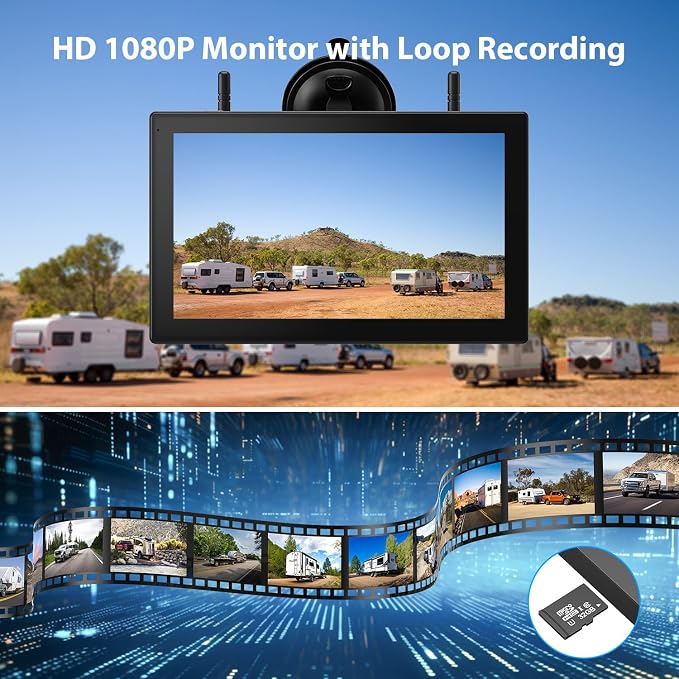 ZEROXCLUB 4 Magnetic Solar Wireless Backup Camera HD1080P DVR 10.1" Touchscreen Monitor, Quad RV Rearview Backup Cameras Wireless System for RV Trailer Tractor, Built-in 9600mAh Solar Battery, BL104