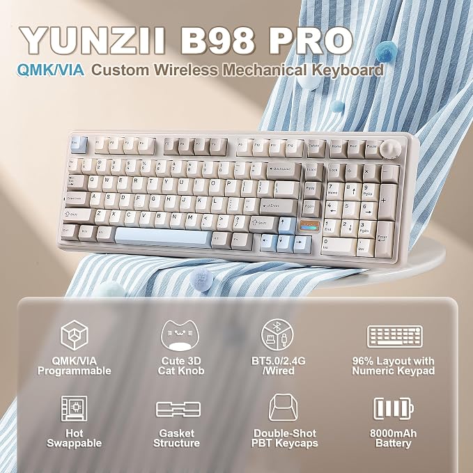 YUNZII B98 PRO QMK/VIA Wireless Mechanical Gaming Keyboard,96% Layout with Numpad and Cute Cat Knob, BT/2.4G/USB-C,Linear Switch Hot Swap Gasket,RGB for Win/Mac (Beige, Candy Linear Switch)