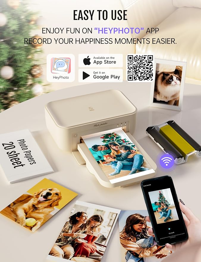 iDPRT 4x6 Photo Printer, CP4100 Photo Printer for iPhone & Android with 20 Sheets & 1 Cartridges, Wi-Fi Wireless Portable Picture Printer, Instant Print Photos, Dye Sublimation, Ideal Gift, Beige