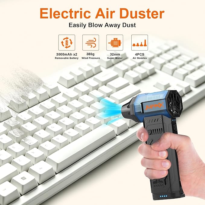 Air Duster - 250,000RPM Compressed Air Duster, Replaceable Batteries 2pcs,Long Life-mini Blower, 3-Gear Adjustable- Electeic Air Duster for Keyboard,PCs,Leaves,Car Cleaning (X301MAX)