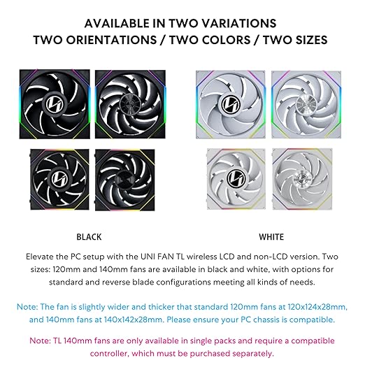 Lian Li UNI Fan TL LCD Wireless 120-Single Pack (Reverse Blade)-2.4 GHz Wireless Signal ARGB Fan-Infinity Mirror-Daisy-Chain-Syncing Lighting-Controller NOT Included & Required - Black (12RTLLCD1W1B)