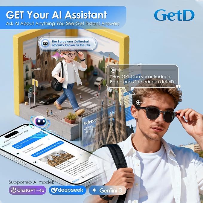 GetD 2026 New AI Glasses for Men & Women, Smart Sunglasses Powered by ChatGPT with 145-Language Translation, Bluetooth Sunglasses, 11H Music/9H Call, UV400 Polarized Lenses for Travel & Daily Use