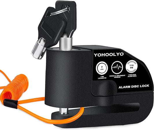 YOHOOLYO Alarm Disc Lock Motorcycle Disc Brake Lock Anti-Theft Waterproof 110 dB 7mm Pin 5ft Reminder Cable for Motorcycles Bike Scooter Carry Pouch (Black)