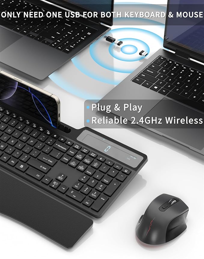 Wireless Keyboard Mouse Combo, Full Size Quiet Ergonomic Keyboard with Calculator, Backlit, Wrist Rest, Phone Holder, 2.4Ghz Silent Rechargeable Keyboard & Mouse for Laptop, PC, Windows (Black)