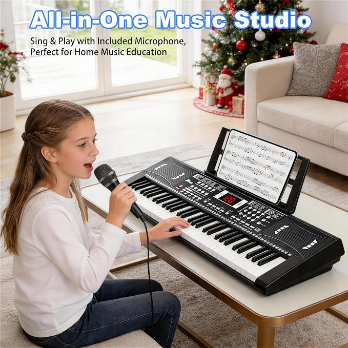 Electric Piano Keyboard, Digital 61 Key Piano Keyboard Kids with Speaker Microphone & Music Sheet Stand, Gift for Children Early Education Beginners, Black
