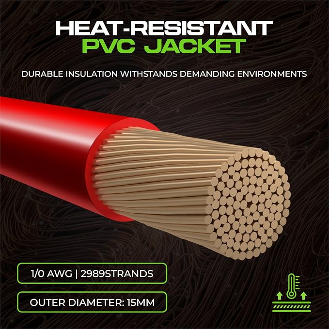 1/0 Gauge Wire (25ft) AWG Amp Battery Cable for Automotive Electrical Wiring - Oxygen Free Copper (OFC) Welding Cable 0GA - Car Amplifier Power & Ground Cable, Stereo Audio Speakers, RV Trailer Wiring