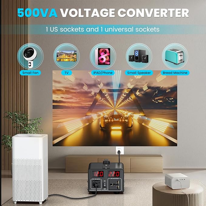 500W Voltage Converter Transformer(110V to 220V or 220V to 110V) Step Up/Down Converter 110/120 Volt - 220/240 Volt w/US Power Cord,Circuit Breaker Protection, LCD Screen Display, Manual Setting