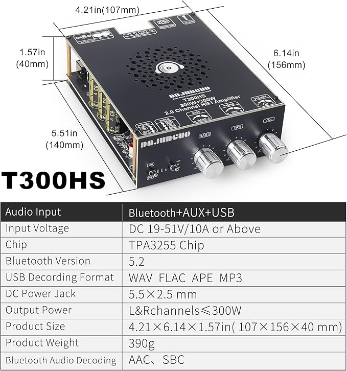 600W Audio Amplifier Board with Treble and Bass Control, TPA3255 Chips, DC 19-51V, Bluetooth 5.2 and AUX Inputs, 2.0 Channel Stereo AMP Board for DIY Wireless Speakers