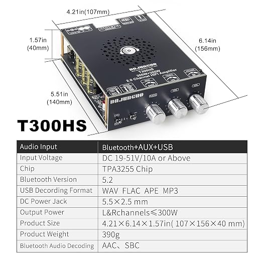 T300HS 300W+300W Power Amplifier Board, TPA3255 Chip with Bluetooth/AUX/USB Inputs, 2.0 Channel Audio Power Vehicle Amplifier