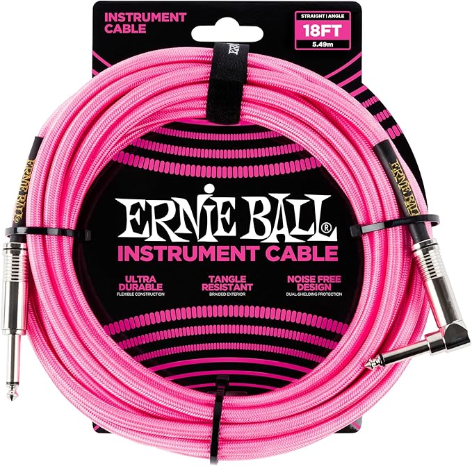 Ernie Ball Braided Instrument Cable, Straight/Angle, 18ft, Neon Pink (P06083)