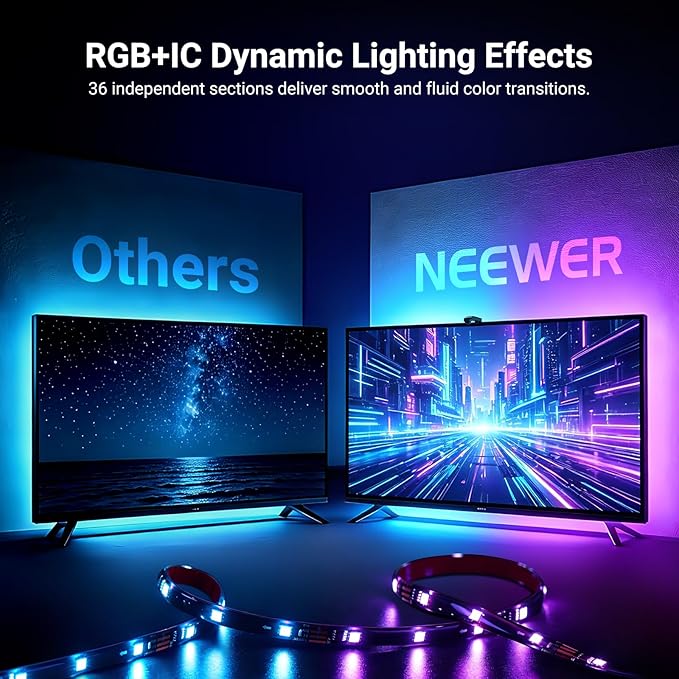 NEEWER Basics TV Backlight for 75"-85" Screens, 16ft/5m LED RGB Light Strips with Sensor Change with TV, Scheduled On/Off, Zero Delay Color Sync, Music Sync, 24 Scenes, Supports App Control, NS03