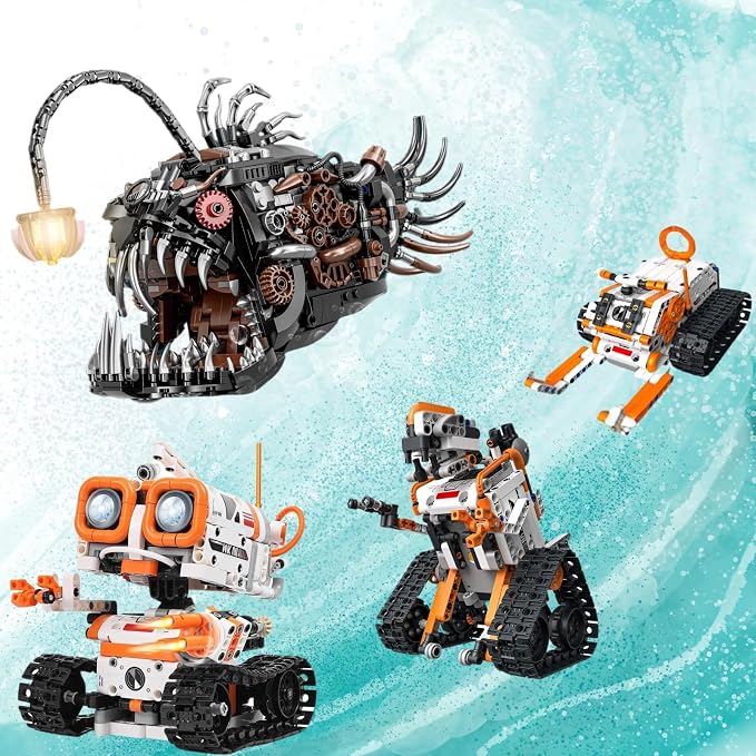 Mechanical Lantern Fish & STEM Robotics Kit Bundle - 1598+ Piece Building Sets for Kids 8-14, Deep Sea & 5-in-1 Coding Robots, STEM Toys, Home Decor, Great Gift