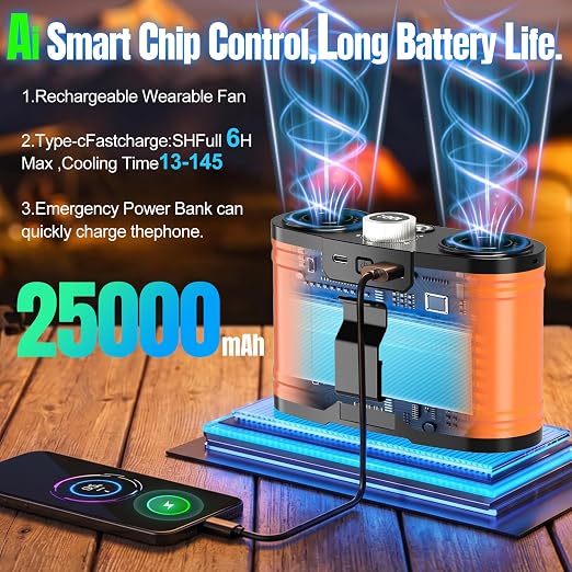 2026 25000MAh AI Portable Waist Fan, 100 Speeds 34000RPM Strong Airflow, Belt Fan with up to 145H of Working Time, Flashlight,Rechargeable Wearable Personal Fans for Outdoor