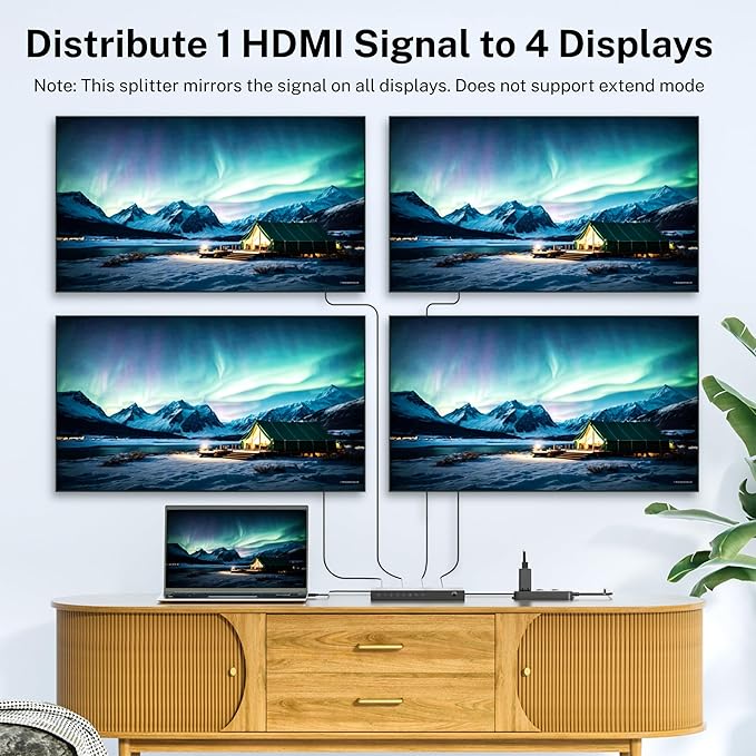 J-Tech Digital 8K HDMI Splitter 1 in 4 Out, HDMI 2.1 1x4 Splitter 8K@60Hz 4K@120Hz 1080P@240Hz, Duplicate/Mirror Screen 3 EDID Modes with Downscaling HDCP 2.3 [JTECH-8KSP14E]