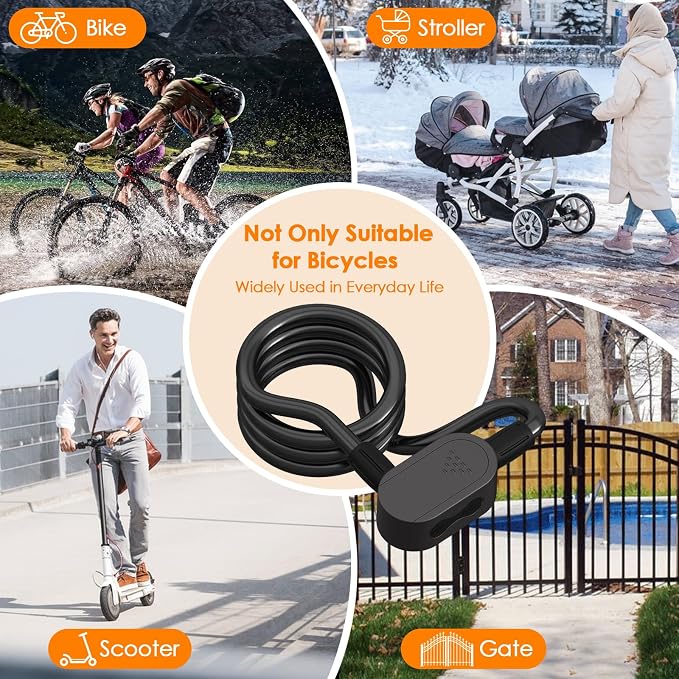 Fingerprint Bike Lock Cable, Eseesmart Keyless Bike Lock Chain Heavy Duty Anti-Theft Bicycle Lock Waterproof 1.5M Stainless Steel Cable Bike Lock with Mounting Bracket (Black, 4.92Feet Long)