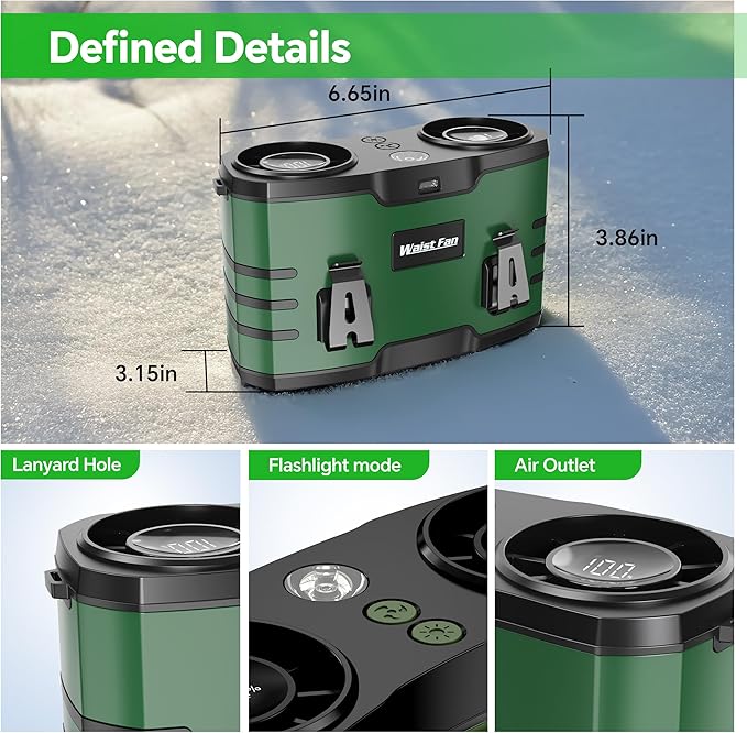 20000mAh Waist Fan for Men Women, Rechargeable Belt Fan With LED Light, Dual Motor Hands-Free, Wearable Personal Cooling Fan for Construction HVAC Roofer Warehouse Hiking Fishing Camping Jobsite