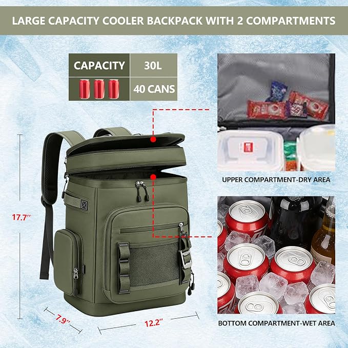 Backpack Cooler,40 Cans Cooler Backpack Insulated Waterproof&Leak Proof,Soft Cooler Bag with 2 Compartments for Men&Women,Picnic Backpack Ice Chest for Camping Hiking Fishing Lunch Beach